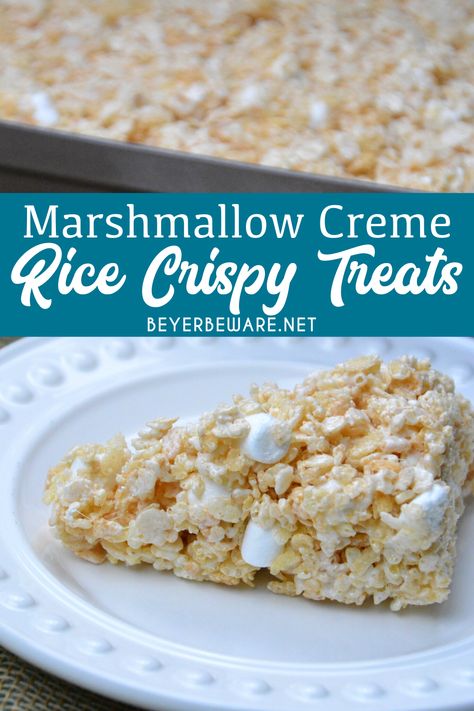 Marshmallow creme rice crispy treats are the no-bake, gluten-free dessert every child loves and is so easy to make with marshmallow creme, butter, marshmallows, and Rice Krispies. #Recipes #GlutenFree #NoBake #RiceKrispies #RiceCrispyTreats #MarshmallowFluff #Marshmallow Best Rice Crispy Treats Recipe, Best Rice Crispy Treats, Crispy Treats Recipe, Marshmallow Fluff Recipes, Cookies And Cream Fudge, Rice Crispy Treats Recipe, Peanut Butter Rice Krispies, The Best Rice, Best Rice