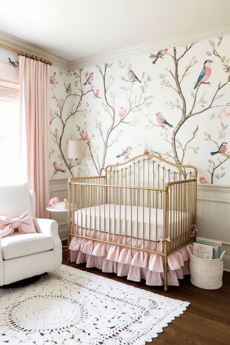 beautiful pink and white themed nursery for girls. luxe golden crib with pink ruffles. birds wallpaper. lace rug. Nursery Ideas Baby Girl, Pretty Nursery Ideas, Newborn Girl Room, Light Pink Nursery, Baby Girl Room Ideas, Functional Nursery, Girl Nursery Ideas