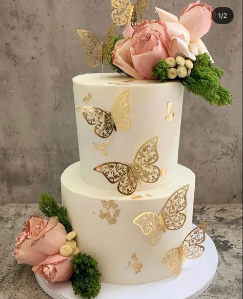 Cake With Gold Butterflies, Pink And Gold Butterfly Cake, Two Tier Butterfly Cake, 2 Tier Butterfly Cake, Butterfly Birthday Cake Ideas, Gold Butterfly Cake, Cake With Butterflies, Three Tiered Cake, Butterfly Wedding Cake