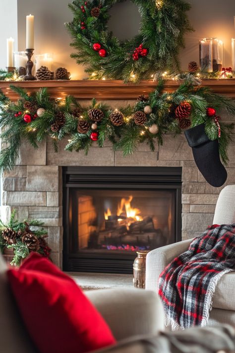 Create a warm and inviting space with this cozy winter home decor. Featuring a beautifully adorned fireplace with wreaths, pinecones, and candles, it's perfect for the holiday season. Transform your living room into a winter wonderland with these elegant touches. #WinterHomeDecor #HolidayDecor #CozyHome Cozy Cottage Christmas Decor, Christmas Mantles Ideas Fireplaces, Christmas Centerpieces Cheap, Winter Fireplace, Christmas Lodge, Christmas Fireplace Decor, Christmas Mantle Decor, Beautiful Christmas Decorations, Cosy Christmas