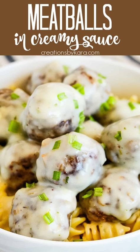 Tender meatballs in a light, creamy sauce. Even picky eaters love this hearty main dish! Unlike Swedish meatballs, you don't need sour cream. #meatballs #creamsauce @Creations by Kara Creamy Meatball Sauce, Easy Swedish Meatball Sauce, Meatballs In Cream Sauce, Sauce With Meatballs, Recipe For Meatballs, Swedish Meatballs Easy, Cream Cheese Sauce, Tender Meatballs, Beef Ground