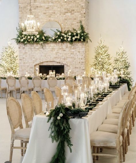 Winter Ceremony Arch, Green Ivory And Gold Winter Wedding, Emerald Green Winter Wedding Decor, Classy December Wedding, White Winter Wedding Decorations, Wedding Table Decorations Winter, Olive Green Winter Wedding, Emerald Christmas Wedding, Indoor Winter Wedding Ceremony