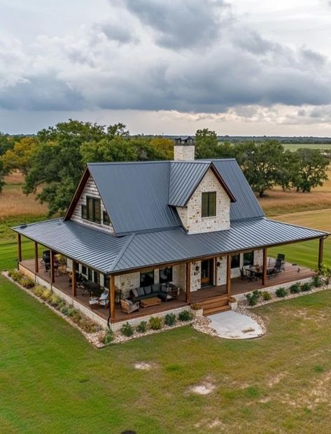 Wrap Around Porch With Gazebo, Small Barndominium Ideas With Wrap Around Porch, Future House Country, Porch Around House, Country Brick Homes, Farm Home Aesthetic, Southern Ranch Style Homes, House On Farm, Wrap Around Porch Farmhouse