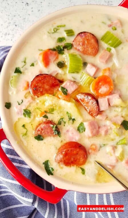 This Creamy Ham and Cabbage Soup recipe makes a thick and hearty keto meal that is perfect for cooler fall weather. It’s loaded with vegetables and is one of my favorite ways to use up leftover ham. If you’re looking for other low carb soup recipes, you have got to try my Norwegian fish soup... Read More The article Creamy Ham and Cabbage Soup Recipe (Keto) first appeared on Easy and Delish. Ham Soup Low Carb, Keto Ham Soup Low Carb, Keto Ham And Cabbage Recipes, Ham Soup Keto, Low Carb Leftover Ham Recipes, Low Carb Ham Soup, Keto Ham Recipes Leftover, Keto Ham Soup Recipes, Keto Recipes With Ham