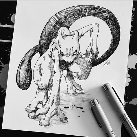 Pokemon Nate, Mewtwo Tattoo, Mewtwo Art, Mewtwo Pokemon, Pokemon Painting, Pokemon Mewtwo, Mew And Mewtwo, Pokemon Sketch, Fanart Illustration