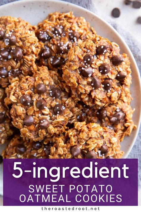 5-Ingredient Sweet Potato Oatmeal Cookies that are easy to make and require just one bowl and a handful of wholesome ingredients. Chewy and hearty, these flourless sweet potato cookies are a feel-good treat you can enjoy every day! Sweet Potato Dessert Healthy, Canned Sweet Potato Recipes, Sweet Potato Oatmeal, Sweet Potato Snacks, Potato Cookies, Flourless Desserts, Sweet Potato Cookies, Sweet Potato Dessert, Sweet Potato Chocolate