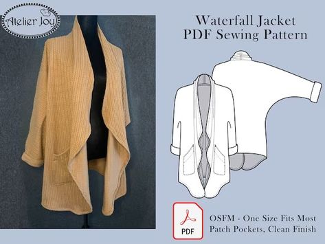 AtelierJoy - Etsy Waterfall Jacket Pattern, Cape Pattern Sewing, Jacket Sewing Pattern, Vest Sewing Pattern, Burda Sewing Patterns, Waterfall Jacket, Jacket Sewing, Womens Knitting Patterns, Women's Sewing Pattern