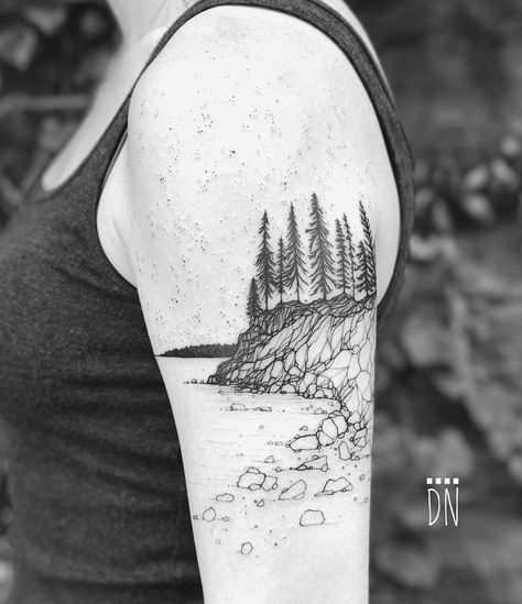 Freehand tattoo of Acadia National Park by Lone Wolf  (@dinonemec on Instagram) Acadia Tattoo, Maine Tattoo, Wheat Tattoo, Pnw Tattoo, Aa Tattoos, Ancient Tattoo, Bike Tattoos, Landscape Tattoo, Cute Tattoos For Women