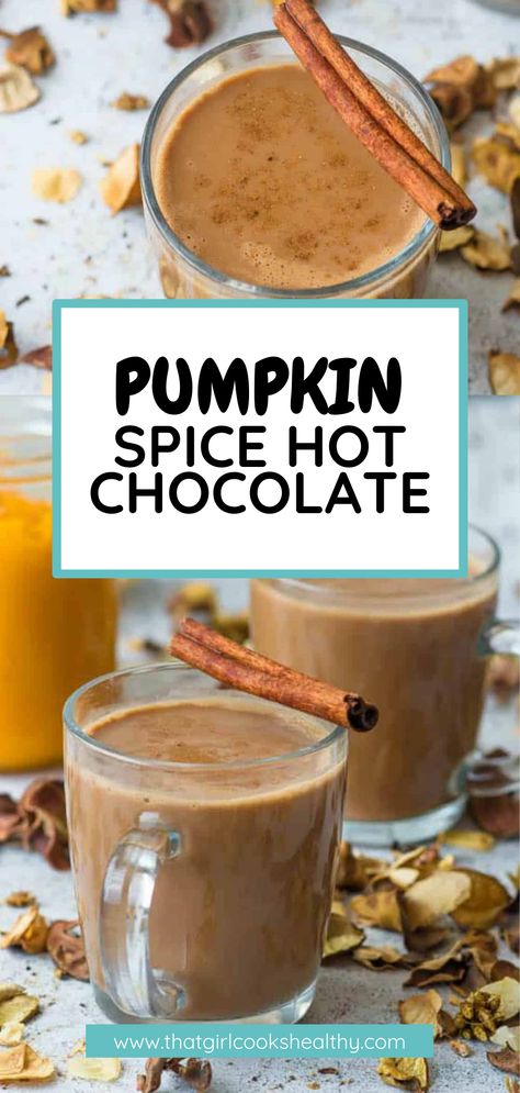 Pumpkin Spice Hot Chocolate in glass mugs garnished with cinnamon sticks. Vegan Hot Drinks, Pumpkin Spice Hot Chocolate Recipe, Pumpkin Hot Chocolate Recipe, Pumpkin Spice Hot Chocolate, Spice Hot Chocolate, Pumpkin Hot Chocolate, Pumpkin Spice Drinks, Veggie Ideas, Homemade Hot Chocolate Mix