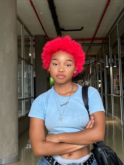 Dyed Natural Hair For Black Women Short Hairstyles, Pink Afro Hair Black Women, Pink Dyed Hair Black Women, Pink 4c Hair, Dyed Afro Hair 4c, Dyed 4c Hair, Pink Natural Hair, Pink Afro, Red Afro