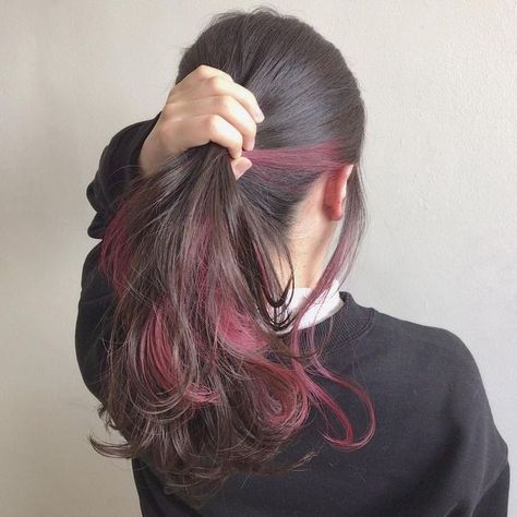 Streaks For Black Hair, Hairdye Inspo Short Hair, Black Hair With Streaks, Dyed Ends Of Hair Brunettes, Pink Streaks In Black Hair, Red Dyed Hair, 23 Haircut, Dyed Ends Of Hair, Dark Hair Dye