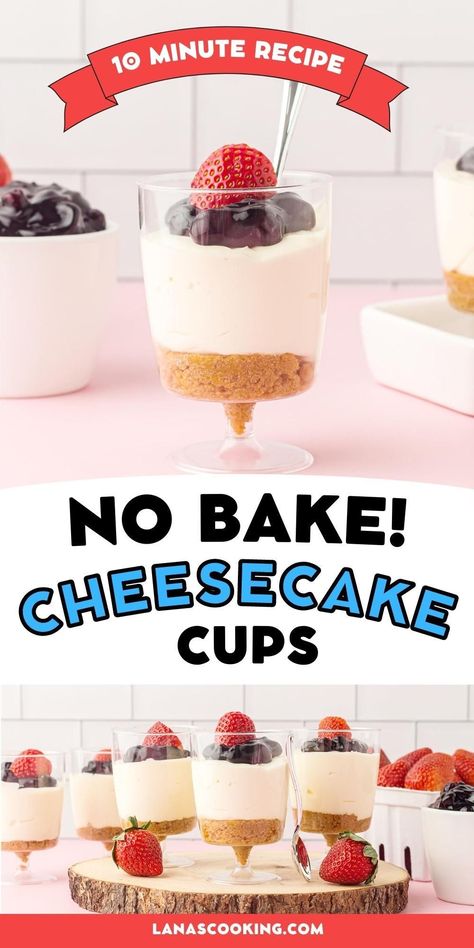 These mini No Bake Cheesecake Cups are a great choice for any occasion from a family dinner to a buffet style party. They use basic ingredients and take just 10 minutes of prep time. The hardest part of this recipe is waiting for the cheesecakes to chill! Mini Cup Cheesecake, Easy Cheesecake Cups No Bake, Easy Cheesecake Recipes No Bake Mini, Small Cheesecake Recipe No Bake, Mini Cheesecakes For Weddings, No Bake Mini Cheesecake Cups, Easy Cheesecake Cups, Cheesecake Cups Individual, No Bake Mini Dessert Cups