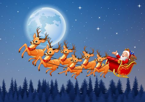 Santa's Reindeer pulling a sled Reindeer Names, Merry Christmas Baby, Reindeer And Sleigh, Santa And His Reindeer, Baby Reindeer, Santa Claus Reindeer, Santa's Sleigh, Gift Drawing, Merry Christmas Images