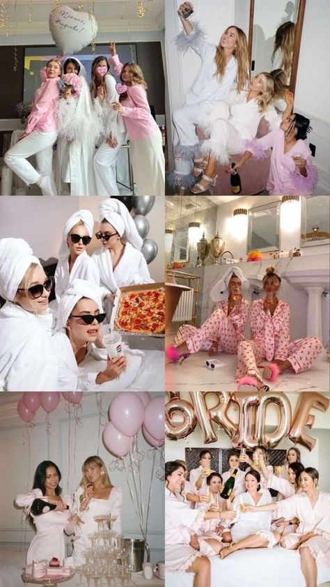 Bridal Shower Ideas Photoshoot, Bridesmaid Sleepover Ideas, Pyjama Party Hen Do, Bridal Sleepover Ideas, Bridal Party Sleepover, Night Out Bachelorette Party Outfits, Bachelorette Picture Backdrop, Bachelorette Pretty In Pink, Sleepover Bridal Shower Ideas