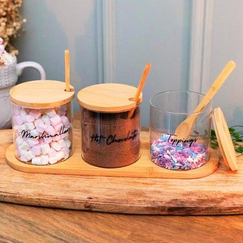 Hot Chocolate Jar, Tea Coffee Station, Chocolate Stirrers, Glass Jar Storage, Christmas Hot Chocolate Bar, Hot Chocolate In A Jar, Hot Chocolate Station, Smores Kits, Chocolate Jar