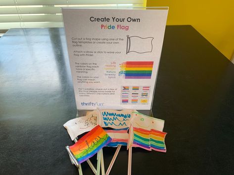 For a Pride month activity I created this craft for the art room. Everyone can make their own flag, either a traditional rainbow, or one of the many other flags which represent different identities. Workplace Pride Activities, Pride Month Office Ideas, Pride Activities For Kindergarten, Pride Month Craft Ideas, Pride Office Decor, Lgbtq Club Activities, Lgbtq Club Ideas, Pride Month School Activities, Pride Work Ideas