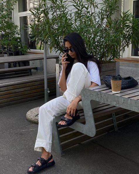 Prada Sandals Outfit, White Chunky Sandals Outfit, Chanel Sandals Outfit, Chanel Dad Sandals Outfit, Dad Sandals Outfit, All White Fit, Chunky Sandals Outfit, Chanel Dad Sandals, Neutral Fashion Summer