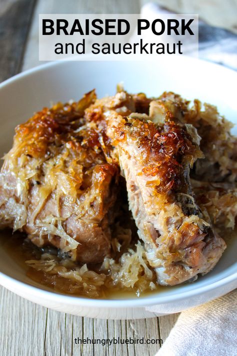 Braised Pork and Sauerkraut, pork ribs braised in a low, slow oven with sauerkraut and brown sugar, so easy with just three ingredients! #thehungrybluebird #braisedporkandsauerkraut #porkandsauerkraut #porkandsauerkrautrecipes #easyrecipe #inoven #comfortfood #newyearsdayfood Braised Pork And Sauerkraut, Pork And Sauerkraut Crockpot Brown Sugar, Short Ribs And Sauerkraut, Pork Ribs And Sauerkraut Oven, Pork Ribs With Sauerkraut, Pork Ribs And Sauerkraut, Ribs And Sauerkraut, Sour Kraut, Pork And Sauerkraut Recipe