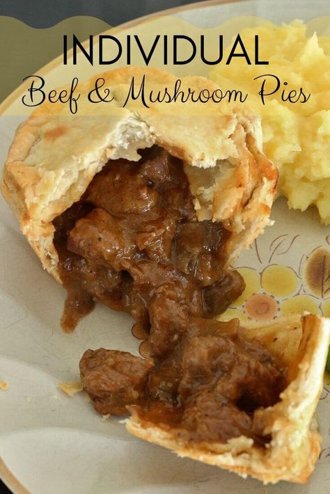 What's better than a flaky, savory meat pie? Individual sized mini Beef and Mushroom Pies with extra crust! They are crispy, golden, and delicious with fork tender beef and umami mushrooms throughout the filling. You can easily make these in advance and even freeze them. Beef And Mushroom Pie, Steak And Mushroom Pie, Beef Pie, Mini Pie Recipes, Steak Pie, Meat Pie Recipe, Hp Sauce, Beef Pies, Individual Pies