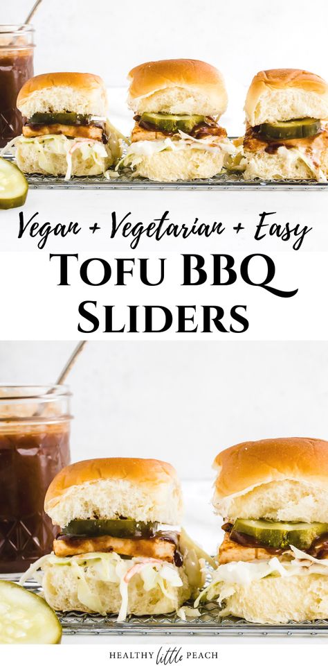 Dinner just got a whole lot easier with my adorable BBQ Tofu Sliders, This recipe includes a grilled piece of tofu slathered in BBQ sauce and served in a Hawaiian roll along with ranch coleslaw and a pickle. #tofu #veganrecipes #vegan #tofuBBQsliders #tofusliders #tofurecipes #tofuburgers Tofu Sliders Recipes, Vegetarian Hawaiian Roll Sliders, Vegan Sliders Hawaiian Rolls, Vegetarian Sliders Hawaiian Rolls, Tofu Sliders, Tofu Bbq, Ranch Coleslaw, Homemade Vegan Burgers, Vegan Toast