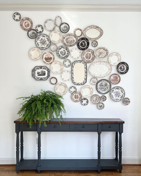 Myquillyn Smith (@thenester) • Instagram photos and videos Dough Bowl Centerpiece, Farm Room, Brown Plates, Wall Fan, Plate Hangers, Brown Transferware, Plate Wall, Plate Display, Wall Plates