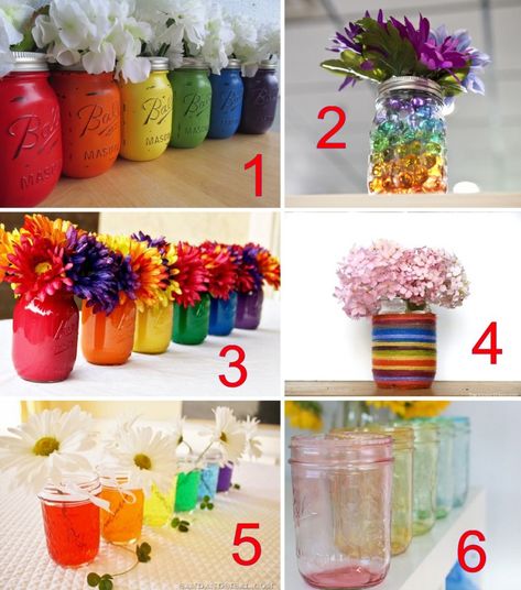 18 Rainbow Mason Jar Ideas - from crafts to recipes to lighting! Rainbow Wedding Centerpieces, Rainbow Mason Jars, Sprinkle Mason Jars Diy, Rainbow Centerpiece, Tinted Mason Jars, Mason Jar Cakes, Mason Jar Party, Mexican Theme Party Decorations, Gold Mason Jars