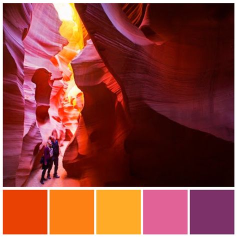 Stunning palette of 'warm' colours features in Antelope Canyon. Image sourced from Grand Canyon Collective. Colour illustration by Zena O’Connor, PhD © Design Research Associates. Grand Canyon Color Palette, The Wave Arizona, Colour Illustration, Color Design Inspiration, Flow Painting, Warm Colours, College Board, Color Palette Bright, Color Chip