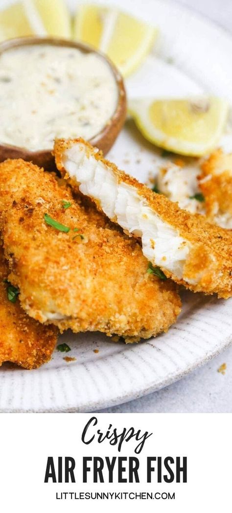 These golden fish fillets are cooked in the air fryer until crispy and delicious! Covered in a tasty crust, the fish remains soft and velvety from the inside. Ready in just 20 minutes! #airfryerrecipes #airfryerfish Air Fryer Fish Fry, Fried Fish Air Fryer Recipe, Easy Air Fryer Fish Recipes, Fried Haddock In Air Fryer, Air Frying Fish Fillets, Air Fried Halibut Recipes, Air Fried Flounder Recipes, Flounder Fish Recipes Air Fryer, Air Fryer Flounder Recipes