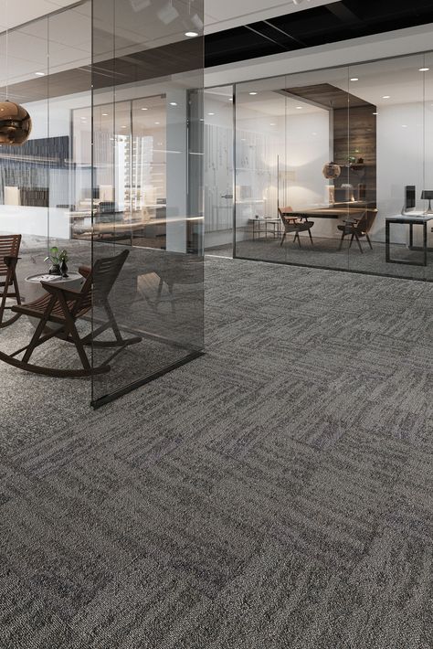 Neutral based colours of concrete, charcoal and pebble stone this carpet pattern has a larger scale cosy, sweater-like textural aesthetic. Creating an at work, home vibe with the help of the warm timber and leather furniture. The larger glass panels make for a more open space.
#office #officespace #workplace  #commercialspace #commercialflooring #flooringdesign #carpettiles #commercialcarpet
#commercialtiles #ghcommercial #mohawkgroup #australianmade Open Space Office, Commercial Carpet Tiles, Carpet Pattern, Office Carpet, Commercial Carpet, Work Home, Pebble Stone, Commercial Flooring, Hard Floor