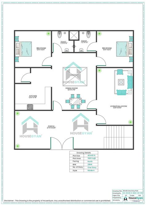 40X40 North Facing 2BHK Ground Floor House Plan | 1600 Sqft Plot Floor Plan 20 X 60 House Plans Layout, 40x40 House Plans Layout, Ground Floor House, 2bhk House Plan, Party Logo, Vastu Shastra, House Drawing, Diy Home Repair, Smart Design