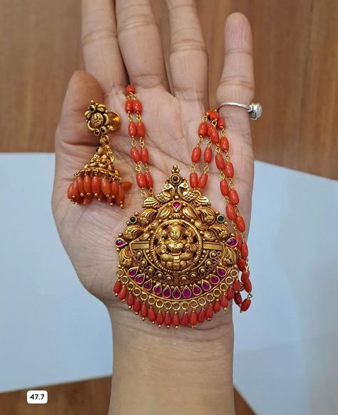 Coral Chain with Lakshmi Pendant Haram From 'Ansh Silver Jewellery' • South India Jewels Lakshmi Pendant, Cz Stone Necklace, Gold Jewellry, Goddess Lakshmi, The Coral, Jewelry Choker, South India, Coral Beads, Emerald Jewelry