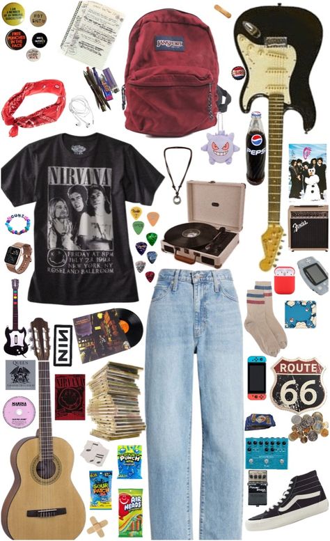 Guitar Style Fashion, Music Clothing Aesthetic, Guitar Aesthetic Outfit, 90s Indie Rock Fashion, Nirvana Grunge Aesthetic, Grunge Indie Fashion, Guitar Outfit Style, Music Inspired Outfits, Nirvana Inspired Outfits