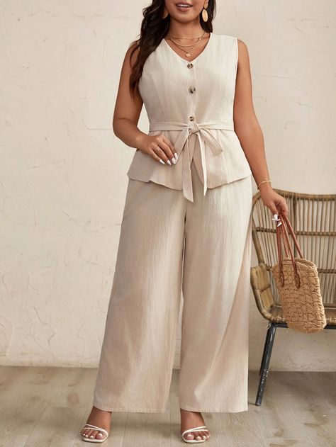 SHEIN Frenchy Plus Size Solid Color Sleeveless Top And Wide Leg Pants Two Piece Set For Vacation And LeisureI discovered amazing products on SHEIN.com, come check them out! Top And Wide Leg Pants, 2piece Outfits, Blouse Casual Fashion, Co Ords, Moda Plus, Summer Design, Womens Casual Outfits, Two Piece Set, Two Piece Sets