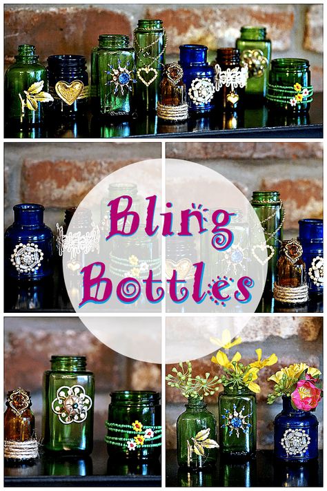 Decorate colored bottles and jars with jewelry to make pretty vases. Using Jewelry To Decorate, Uses For Beads Other Than Jewelry, Diy Glass Beads Crafts, Repurposing Old Jewelry, Using Old Jewelry Diy Projects, Diy Old Jewelry Projects Ideas, Non Jewelry Bead Projects, Repurposed Costume Jewelry, Mini Wine Bottle Crafts