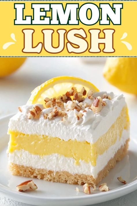 This recipe for lemon lush is creamy, dreamy, and irresistible! Layers of lemon pudding and cream cheese sit atop a shortbread crust for an incredible treat. Lemon Torte Desserts, Lemon Lush Cake, Lemon Pie Desserts, Lemon Pudding Mix Recipes, Lemon Cream Dessert, Best Lemon Dessert Recipes, Lemon Cheese Layer Cake, Lemon Layered Dessert, Lemon Eclair Dessert