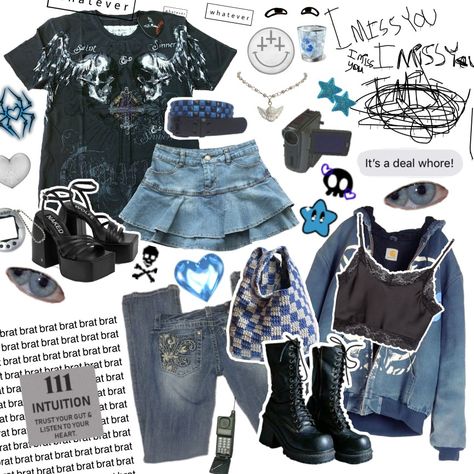 #scene #y2k #blue #emo #outfit #stylist #aesthetic Y2k Blue Outfits Aesthetic, Blue And Black Alt Outfits, Dark Blue Y2k Outfit, Blue Grunge Clothes, Blue Outfit Moodboard, Emo Blue Aesthetic, Blue Goth Aesthetic Outfits, Y2k Scene Aesthetic, Grunge Blue Outfit