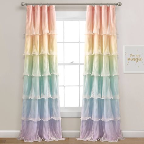 Experience the vibrant joy of this rainbow ruffled curtain set. Transform your space with a mesmerizing display of colors with cascading ruffles in every hue. This STANDARD 100 by OEKO-TEX® certified curtain set will enchant your child's bedroom. Pastel Rainbow Curtains, Kids Pastel Bedroom, Muted Rainbow Bedroom, Pastel Rainbow Bedroom Ideas Kids, Pastel Nursery Girl, Rainbow Bedroom Girl, Pastel Rainbow Room Decor, Rainbow And Unicorn Bedroom, Child Bedroom Ideas