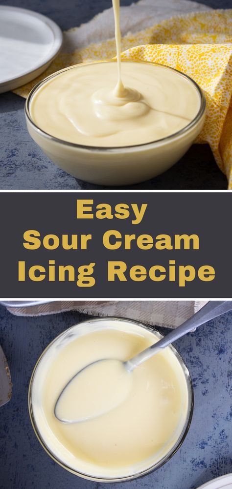 This sour cream icing recipe is so easy to make. You only need a few simple ingredients and you can whip it up in less than 5 minutes. It is a great icing for Bundt cakes, cinnamon rolls, muffins, quick breads and more. Sour Cream Glaze, Sour Cream Icing Recipe, Bundt Glaze, Cake Glaze Icing, Icing Glaze Recipe, Cream Icing Recipe, Sour Cream Icing, Icing Glaze, Sour Cream Uses