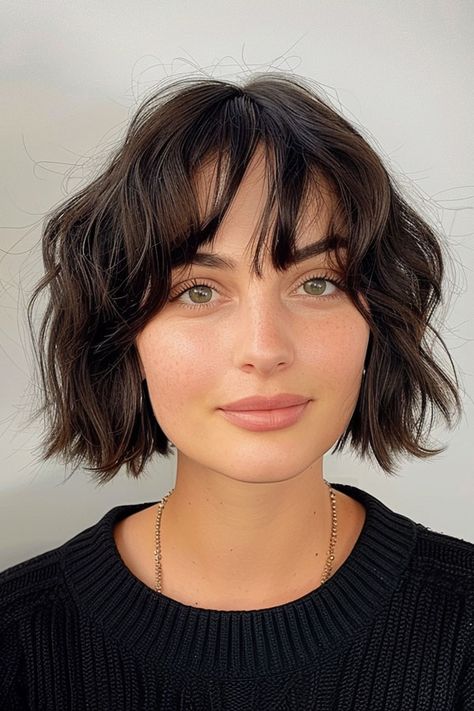 33 Chic Parisian French Bob Haircuts : Dark Brown Soft Wavy Hair French Bob Dark Hair, Baroque Bob Hair 2024, Short Wavy French Bob, Round Face French Bob, Bob With Wavy Hair, Wavy Hair Bob With Bangs, Bob Cut Wavy Hair, French Bob Haircut Short, Bob Haircut Wavy Hair