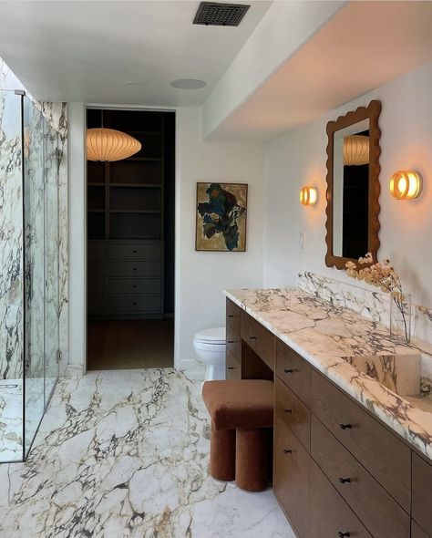 The Bathroom Ideas, Architectural Digest Bathroom, Cozy Bathroom Decor, Ripple Mirror, Calacatta Marble Bathroom, Every Other Thursday, Edit On Instagram, Townhouse Interior, Green Apartment