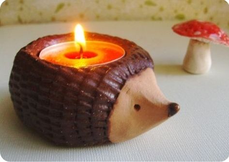 Hedgehog Candle, Waldorf Teacher, Hedgehog Accessories, Clay Candle Holders, Hedgehog Gifts, Clay Candle, Hedgehog Pet, Clay Crafts Air Dry, Keramik Design