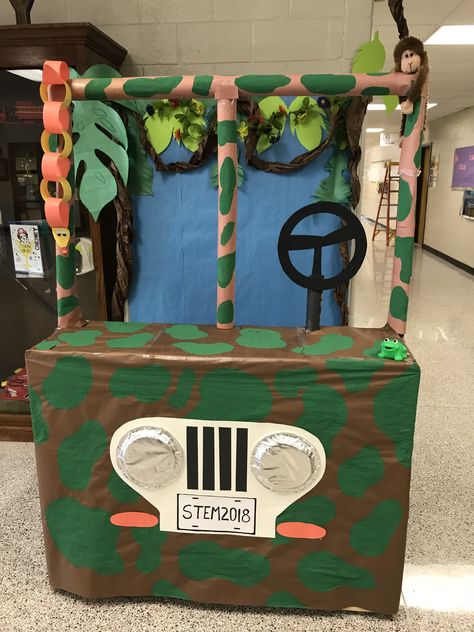 Jeep photo booth for Stem night at school. I used a rolling cabinet and noodles to create the Jeep frame and lots of packaging tape. Jeep Photo Booth, Jeep Frame, Stem Night, Rolling Cabinet, Safari Jeep, Jeep Photos, Packaging Tape, Play Shop, Safari Party