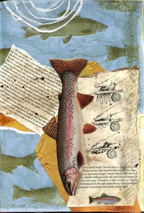 Fishing collage. Found images, old fishing how-to manual, hand-made/Japanese papers, netting on cardstock background. Fishing Net Art, Fishing Collage, Fishing Aesthetic, Fish Collage, Alevel Art, Sustainable Fishing, Paper Collage Art, Weird Fish, Collage Kit