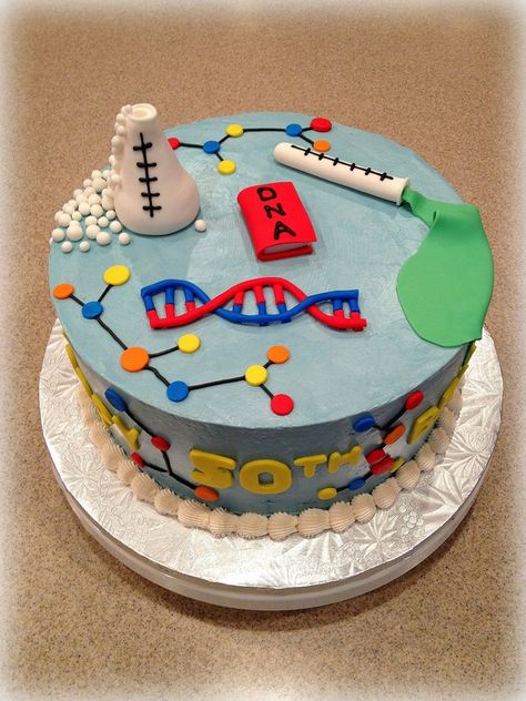 A science cake for a Genetic Scientist who turned 50 yesterday! A fun cake to make! Science Birthday Cake, Chemistry Cake, Science Cake, Science Themed Party, Science Birthday Party Ideas, Scientist Birthday Party, Mad Scientist Birthday, Mad Science Party, Scientist Birthday