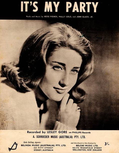 It's My Party" is a pop song recorded by multiple artists since the 1960s. In 1963, American singer Lesley Gore's version hit number one on the pop and rhythm and blues charts in the United States. It was the first hit single for producer Quincy Jones.(Cover,1963). Leslie Gore, 1950s Aesthetic, 1960s Posters, Lesley Gore, Angry Girl, Sing To Me, Vintage Sheet Music, Music Library, Music Photo