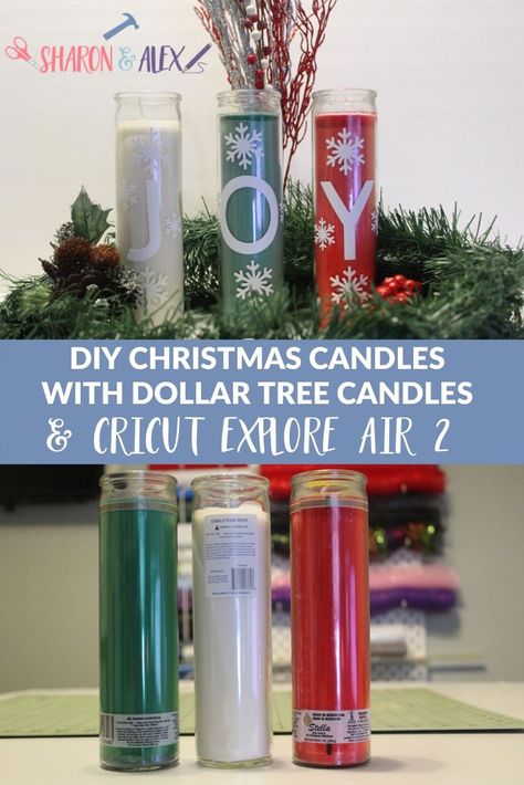 Put a little joy into your Christmas decor with these cute Christmas candles using $1 jar candles from the Dollar Tree and Cricut Exlore Air 2 (or Maker!). It's so easy to do! #cricut #christmascrafts #crafts #candles Dollar Tree Candle Svg, How To Decorate Candles For Christmas, Vinyl On Candles, Dollar Tree Candles Cricut, Cricut Candles Vinyl Projects, Dollar Tree Candles Diy, Dollar Tree Christmas Candles, Dollar Tree Candle Crafts, Christmas Cricut Crafts