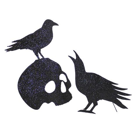 Transform Your Halloween Into Something Spectacular With This Glittered Crow On Skull Set! Featuring A Spooky Silhouette, With A Black Glittered Crow Standing On A Skull With Another On The Ground Squawking!. Indoor. Imported Spooky Silhouettes Halloween Window, Halloween Stencils Templates, Halloween Silhouettes Templates, Crow Stencil, Crow On Skull, Standing Silhouette, Raven Silhouette, Fall Silhouette, Best Halloween Decorations