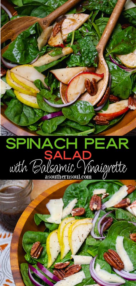 Spinach Salad Dressing, Salad With Balsamic Vinaigrette, Pear Salad Recipes, Fancy Salads, Mediterranean Pasta Salads, Fall Salad, Spinach Salad Recipes, Pecan Salad, Pear Salad