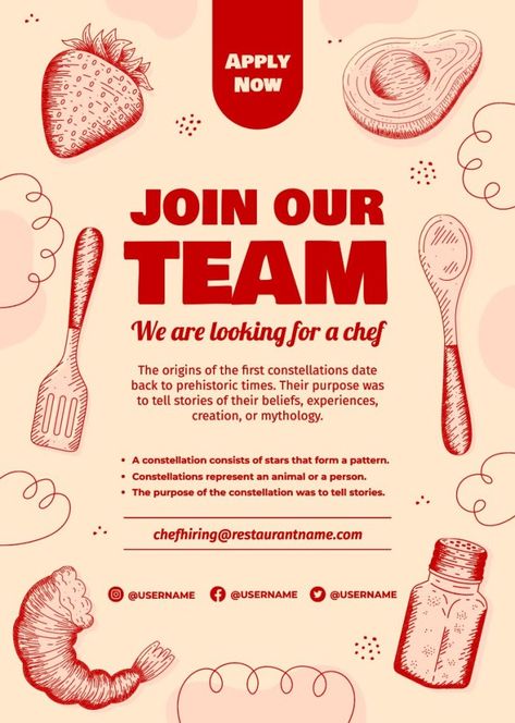 Hand-drawn Linear We're Looking For A Chef Poster Hiring Poster Restaurant, For Hire Poster, Job Poster Design Ideas, We’re Hiring Poster, Hiring Design Poster, Were Hiring Poster, Marketing Poster Ideas, Hiring Poster Design Ideas, Join Us Poster