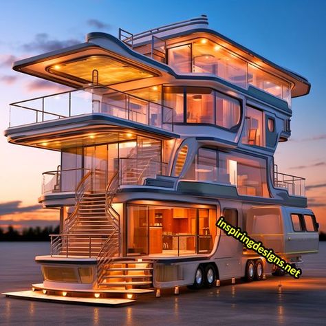 These Giant Open-Concept Campers Have Fold-Down Walls That Offer Stunning Views – Inspiring Designs Camper Organization Rv Living, Gorgeous White Kitchen, Truck House, Cool Rvs, Penthouse View, Luxury Campers, Rv Car, Luxury Motorhomes, Luxury Van